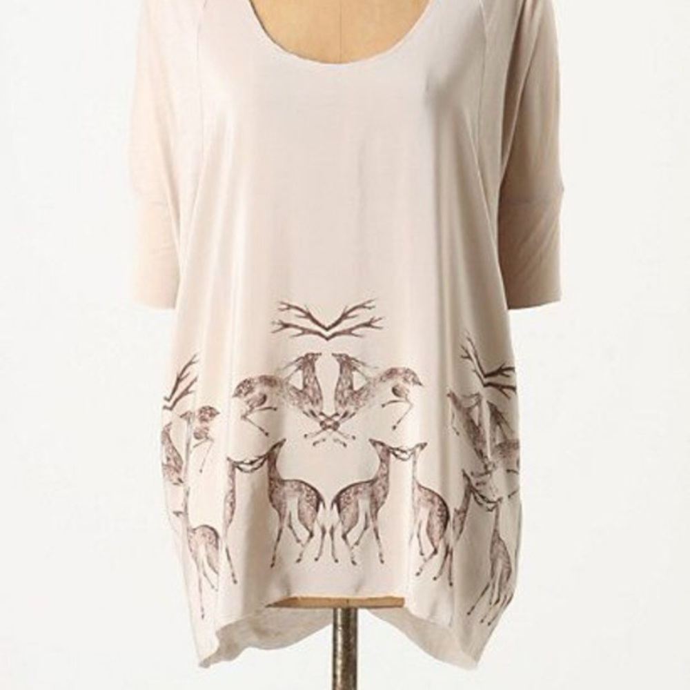 Women's Cream Short-Sleeve Scoop Neck Top with Brown Deer Print